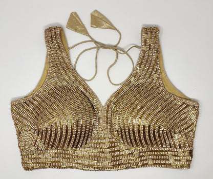 Indian designer heavy Beaded stitched blouse, Golden colour, Readymade Indian Bridal Saree Blouse, latest design blouse for women