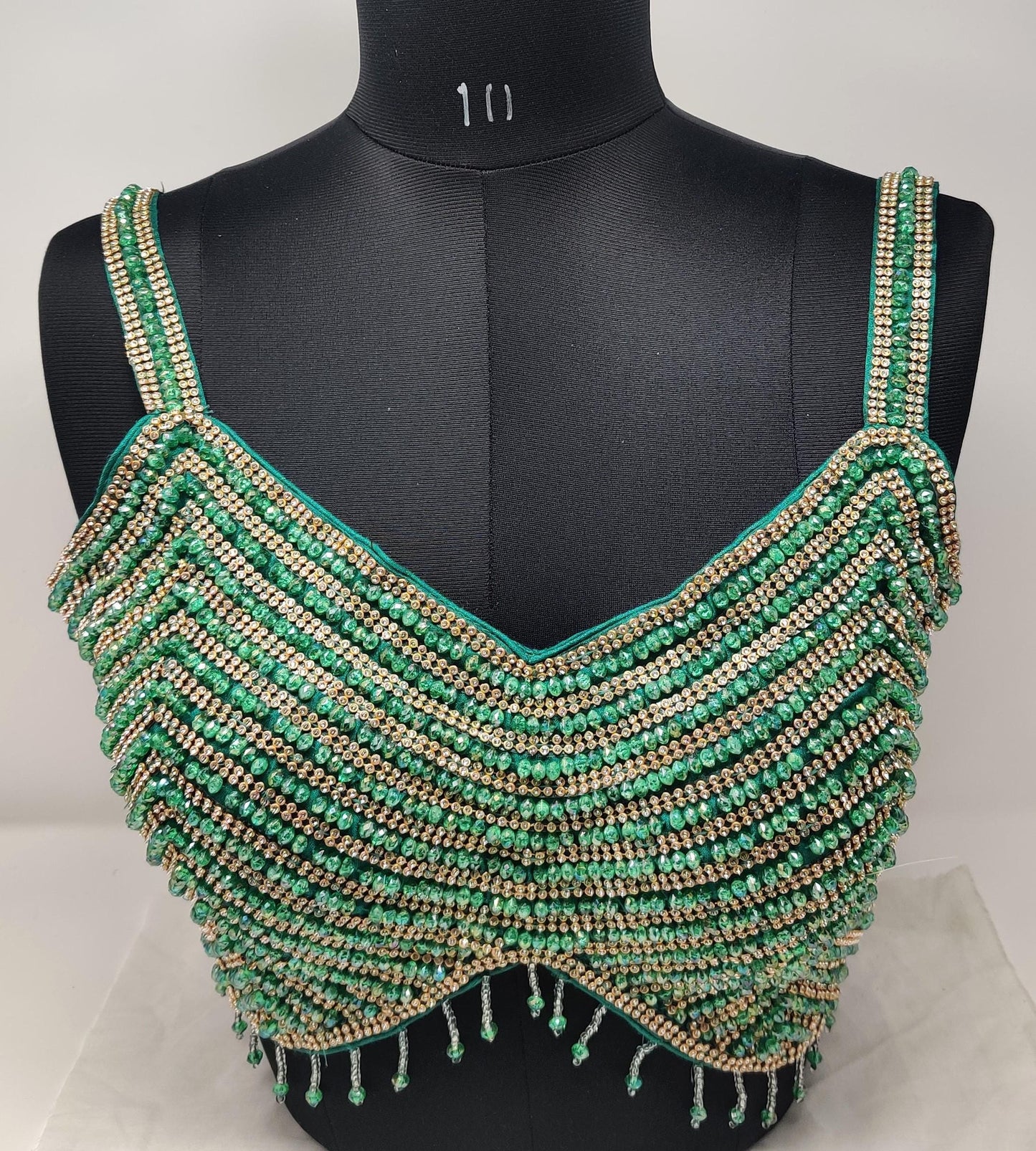 Indian designer Bottle Green crystal Beaded stitched blouse with adjustable Dori at back, Readymade Indian Bridal Saree women Blouse