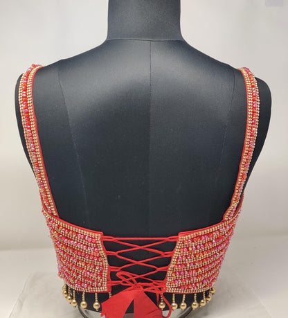 Indian designer Red crystal Beaded stitched blouse with adjustable Dori at back, Readymade Indian Bridal Saree women Blouse, latest design