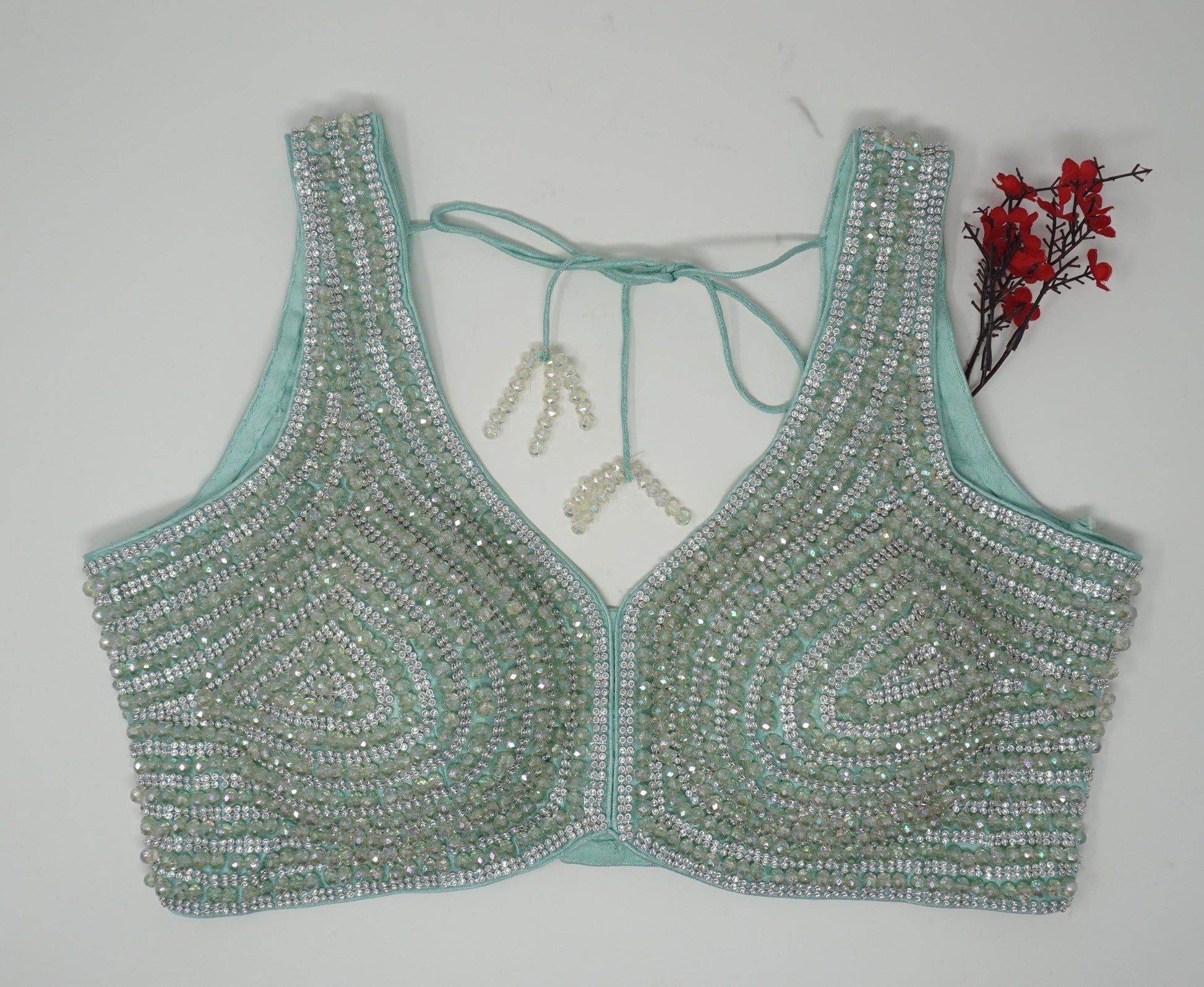 Designer Blouse, Cyan Green color, Crystal Beaded, Ready to wear, Best seller,Indian Bridal Saree Blouse, Christmas, latest design for women