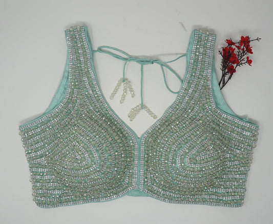 Designer Blouse, Cyan Green color, Crystal Beaded, Ready to wear, Best seller,Indian Bridal Saree Blouse, Christmas, latest design for women