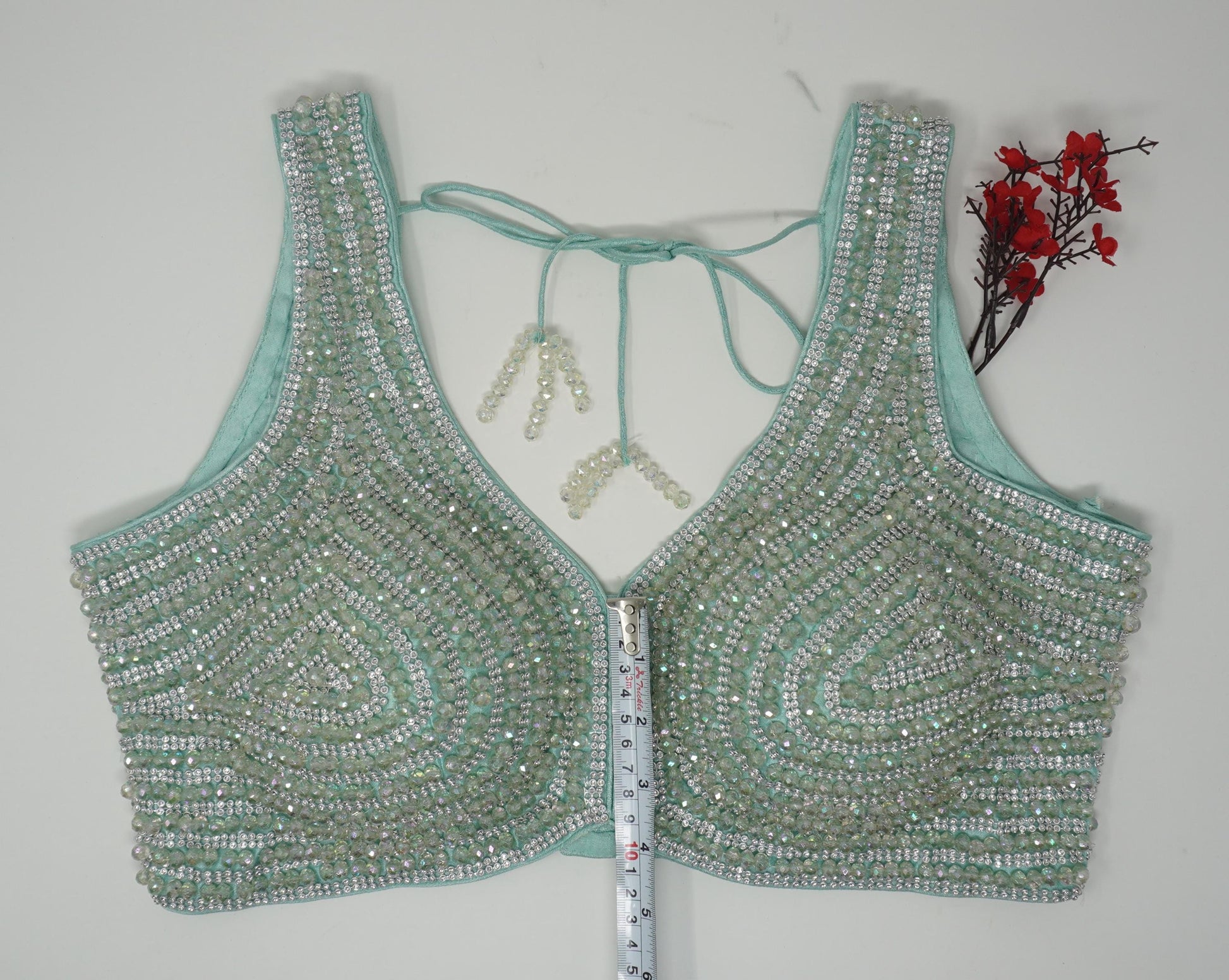 Designer Blouse, Cyan Green color, Crystal Beaded, Ready to wear, Best seller,Indian Bridal Saree Blouse, Christmas, latest design for women