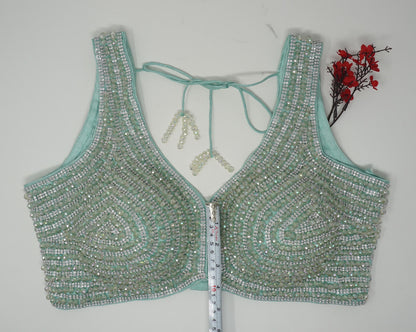 Designer Blouse, Cyan Green color, Crystal Beaded, Ready to wear, Best seller,Indian Bridal Saree Blouse, Christmas, latest design for women