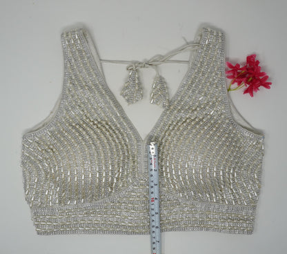 Designer Blouse, Silver White color, heavy Beaded, Ready to wear, Best seller,Indian Bridal Saree Blouse, Christmas, latest design for women