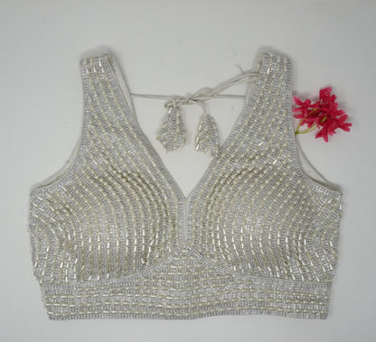 Designer Blouse, Silver White color, heavy Beaded, Ready to wear, Best seller,Indian Bridal Saree Blouse, Christmas, latest design for women