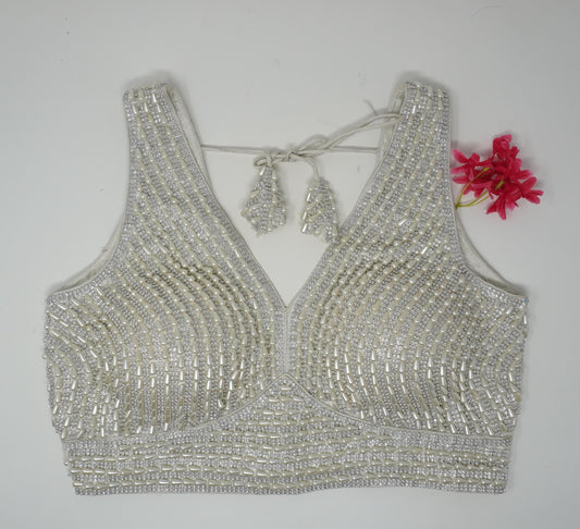 Designer Blouse, Silver White color, heavy Beaded, Ready to wear, Best seller,Indian Bridal Saree Blouse, Christmas, latest design for women