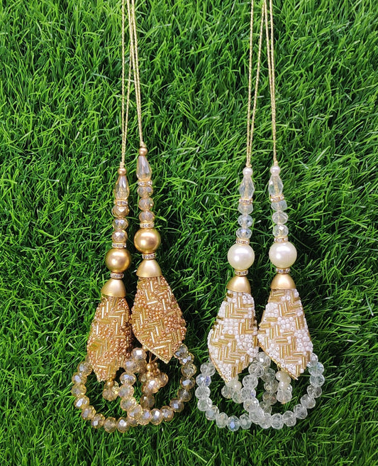 Golden/ White Indian Beaded Tassel for Saree Blouse Lehenga Embellished HandBags Dupatta Decorative dress Latkan for Women 1 Pair