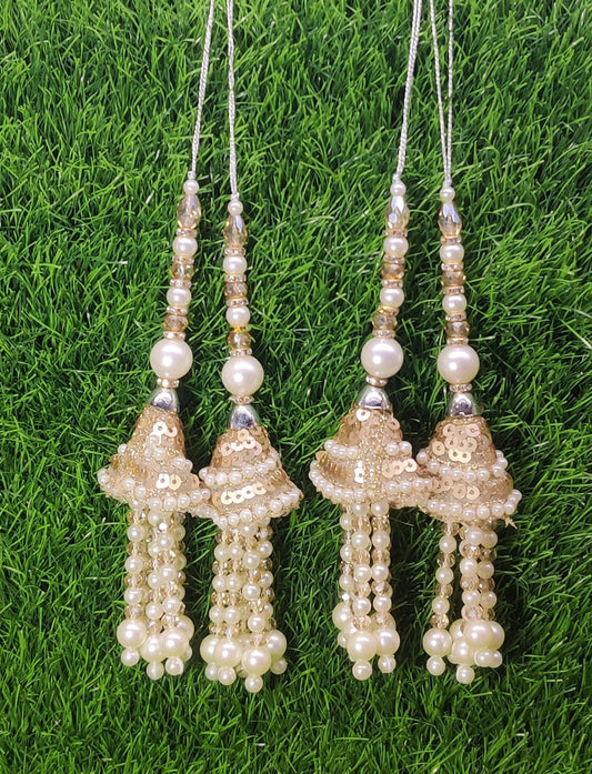 Golden White Indian Beaded Tassel for Saree Blouse Lehenga Embellished HandBags Dupatta Decorative dress Latkan for Women 1 Pair