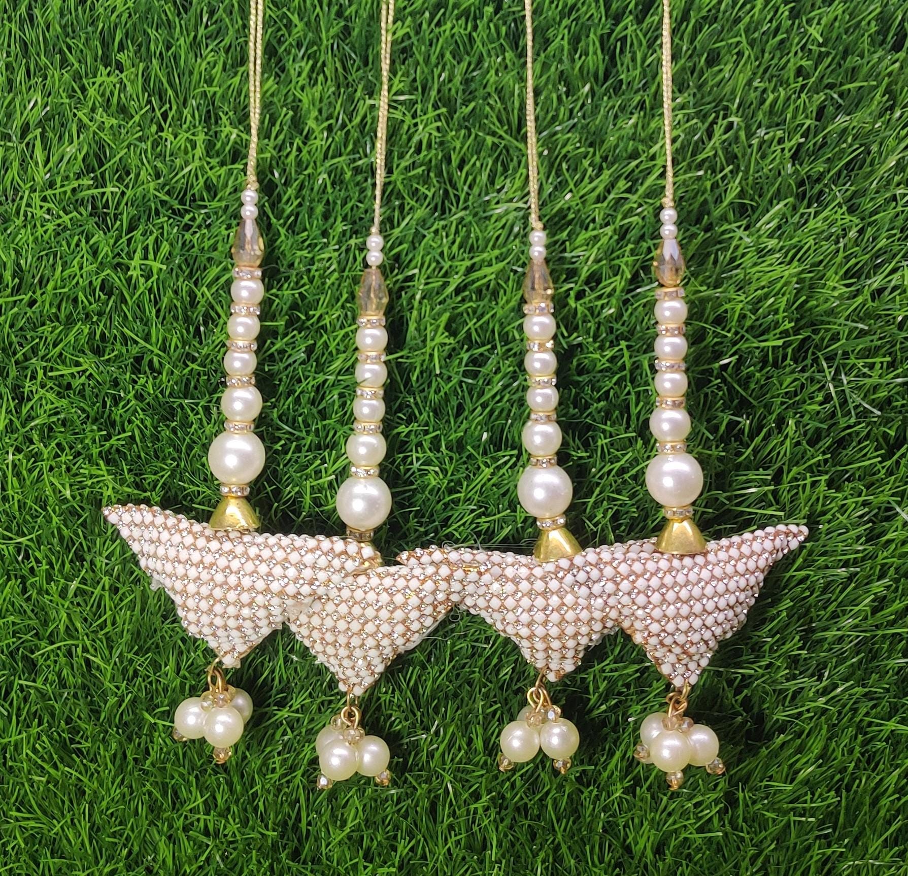 White Indian Beaded Cushioned Tassel for Saree Blouse Lehenga Embellished HandBags Dupatta Decorative dress Latkan for Women 1 Pair
