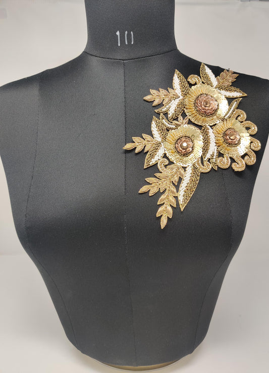Handmade Indian Beaded Antique Gold Shoulder Applique Patch - Sewing Embellishment for Dresses, Cushions, Crafting, and Bags, 1 Piece