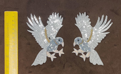 Handmade Indian Beaded White Bird Shoulder Applique Patch - Sewing Embellishment for Dresses, Cushions, Crafting, and Bags, 1 Piece