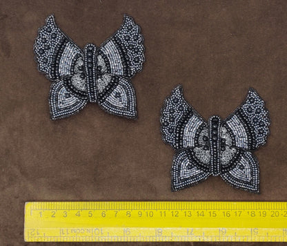 Handmade Indian Beaded Grey Black Butterfly Shoulder Applique Patch Sewing Embellishment for Dresses, Cushions, Crafting, and Bags, 1 Piece