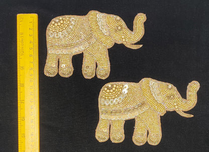 Handmade Indian Beaded Golden Elephant Shoulder Applique Patch - Sewing Embellishment for Dresses, Cushions, Crafting, and Bags, 1 Piece