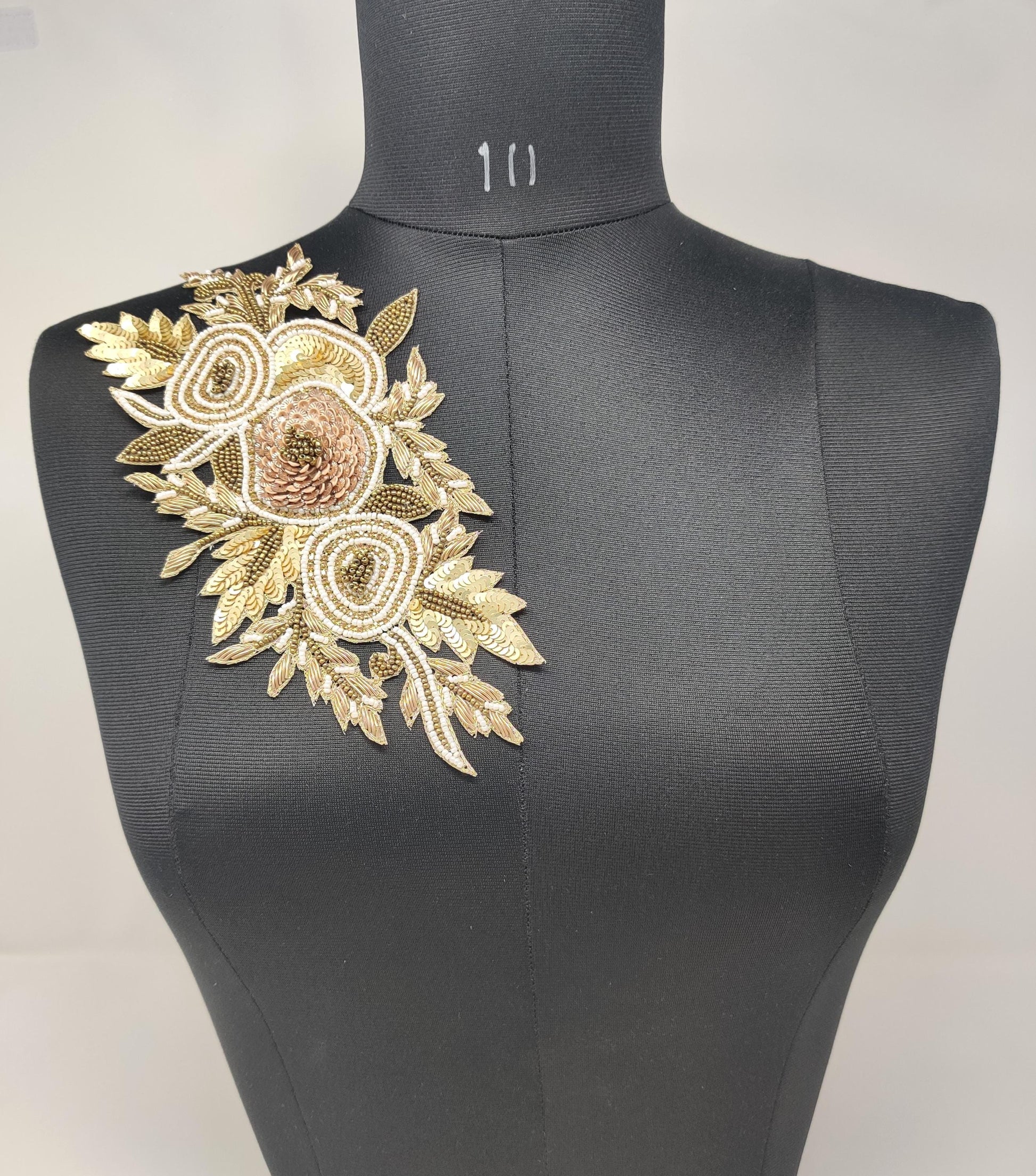 Handmade Indian Beaded Antique Gold Shoulder Applique Patch - Sewing Embellishment for Dresses, Cushions, Crafting, and Bags, 1 Piece