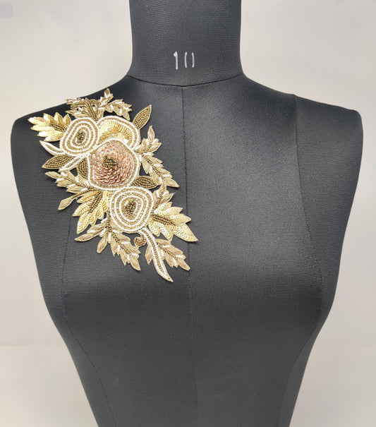 Handmade Indian Beaded Antique Gold Shoulder Applique Patch - Sewing Embellishment for Dresses, Cushions, Crafting, and Bags, 1 Piece