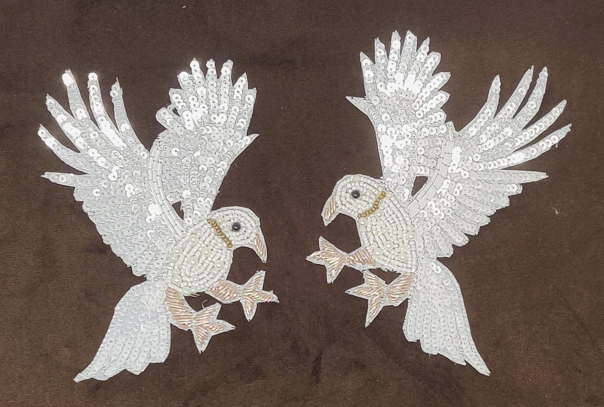Handmade Indian Beaded White Bird Shoulder Applique Patch - Sewing Embellishment for Dresses, Cushions, Crafting, and Bags, 1 Piece