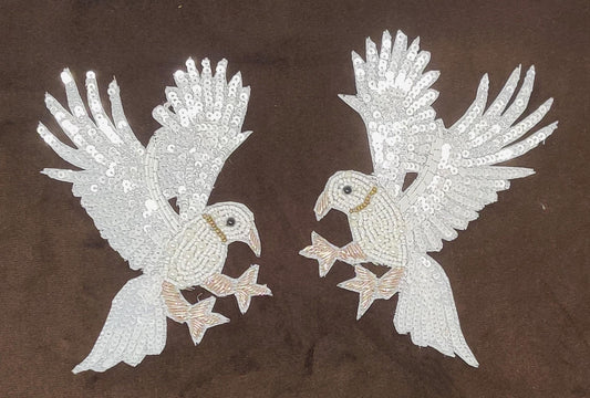 Handmade Indian Beaded White Bird Shoulder Applique Patch - Sewing Embellishment for Dresses, Cushions, Crafting, and Bags, 1 Piece