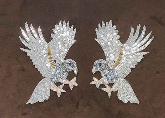 Handmade Indian Beaded White Bird Shoulder Applique Patch - Sewing Embellishment for Dresses, Cushions, Crafting, and Bags, 1 Piece