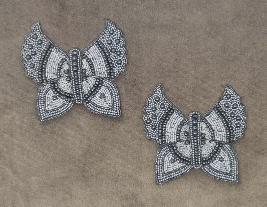 Handmade Indian Beaded Grey Black Butterfly Shoulder Applique Patch Sewing Embellishment for Dresses, Cushions, Crafting, and Bags, 1 Piece