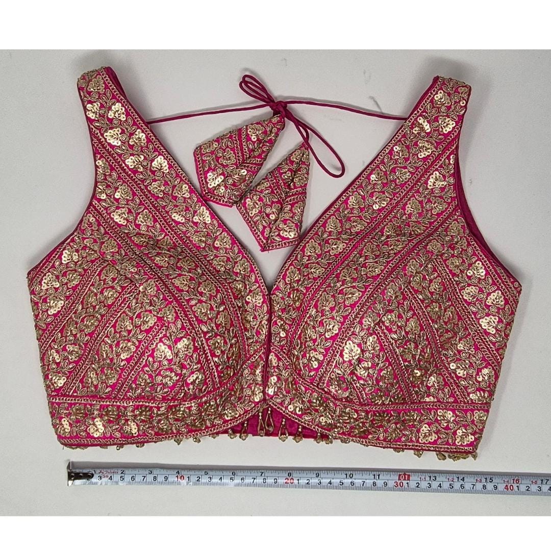 Indian designer Hot Pink color Sequin zari Embroidered stitched blouse, Readymade Indian Bridal Saree Blouse, latest design blouse for women