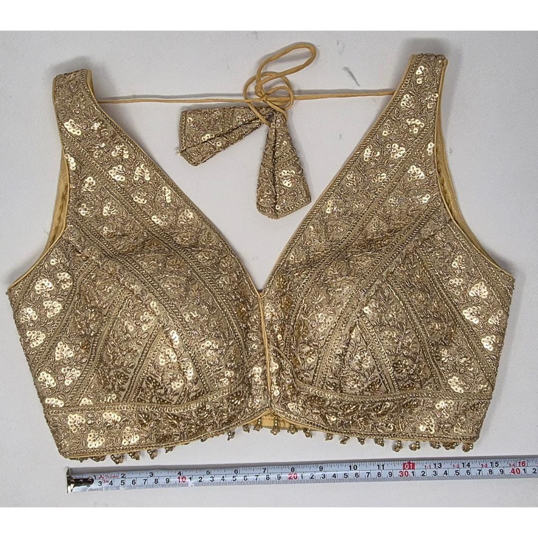 Indian designer Lt Golden color Sequin zari Embroidered stitched blouse Readymade Indian Bridal Saree Blouse, latest design blouse for women