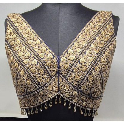 Indian designer Navy Blue color Sequin zari Embroidered stitched blouse Readymade Indian Bridal Saree Blouse, latest design blouse for women