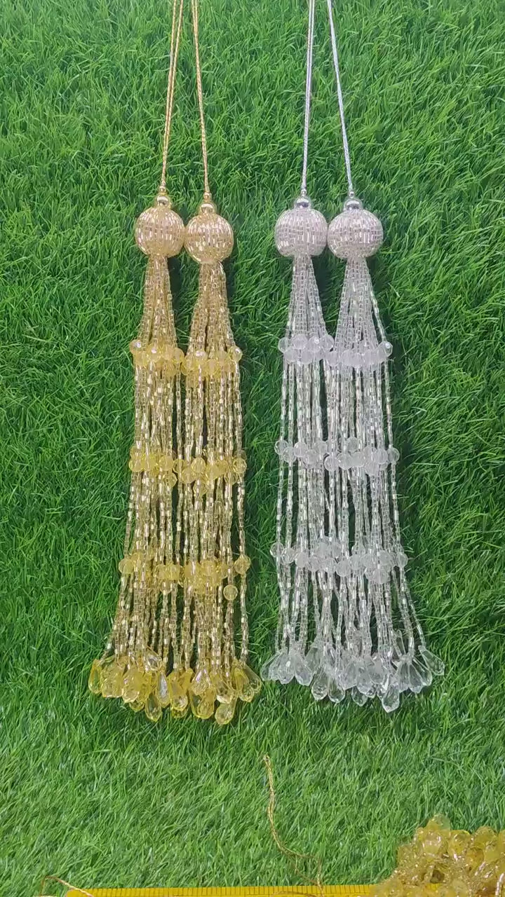 Light Gold/ Silver White beaded Blouse Lahenga Latkan Tassels, home décor, hanging for Handbags, Indian Sewing Latkan for Saree, Dupatta