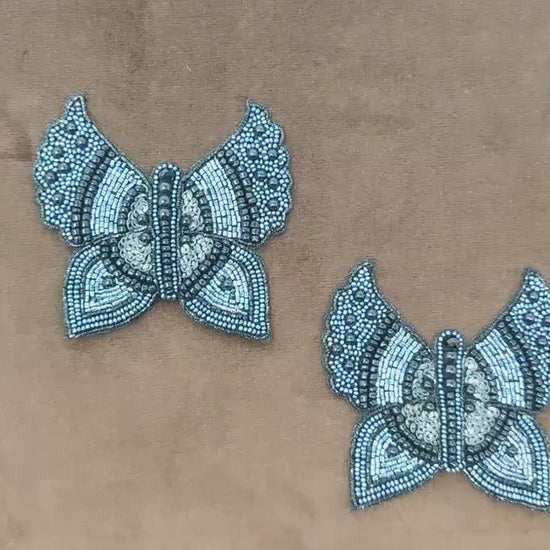 Handmade Indian Beaded Grey Black Butterfly Shoulder Applique Patch Sewing Embellishment for Dresses, Cushions, Crafting, and Bags, 1 Piece