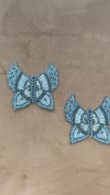 Handmade Indian Beaded Grey Black Butterfly Shoulder Applique Patch Sewing Embellishment for Dresses, Cushions, Crafting, and Bags, 1 Piece