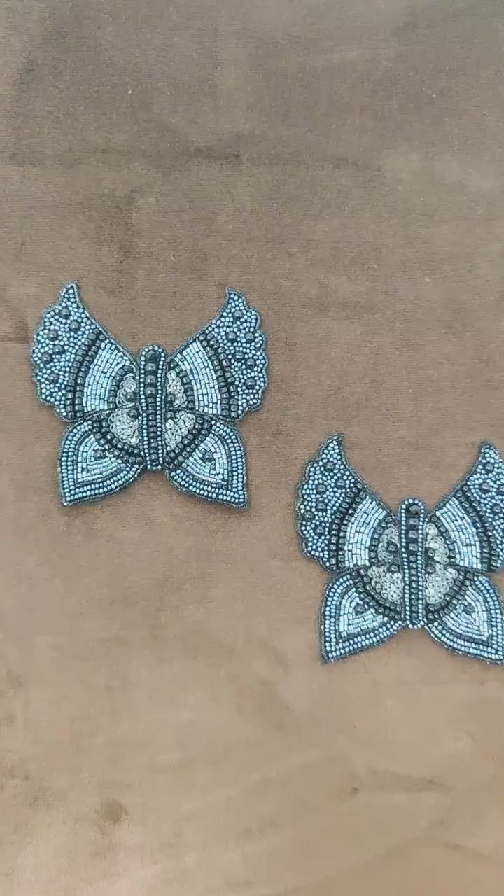 Handmade Indian Beaded Grey Black Butterfly Shoulder Applique Patch Sewing Embellishment for Dresses, Cushions, Crafting, and Bags, 1 Piece