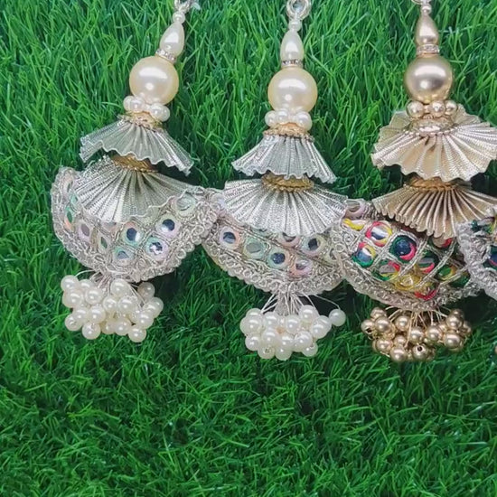 12 cm 2 pc Cushioned beaded Lahenga Tassels, home décor, lamp shades tassels, Hanging for Handbags, Indian Saree, Dupatta, Blouse latkan