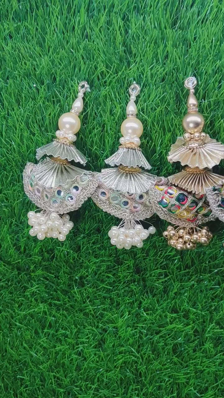 12 cm 2 pc Cushioned beaded Lahenga Tassels, home décor, lamp shades tassels, Hanging for Handbags, Indian Saree, Dupatta, Blouse latkan