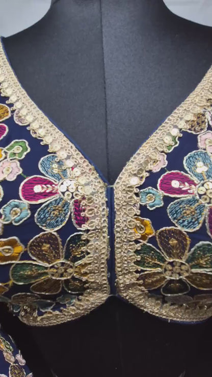 Indian designer Blue color Sequin Embroidered stitched blouse, Readymade Indian Bridal Saree Blouse, latest design blouse for women