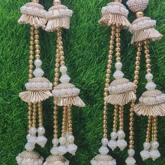 Lt Gold Pearl beaded Blouse Lahenga Latkan Tassels, home décor, hanging for Handbags, Indian Sewing Latkan for Saree, Dupatta