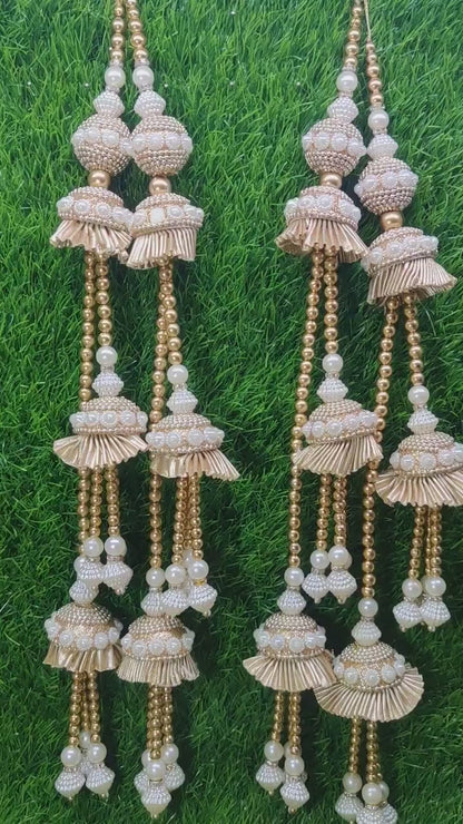 Lt Gold Pearl beaded Blouse Lahenga Latkan Tassels, home décor, hanging for Handbags, Indian Sewing Latkan for Saree, Dupatta