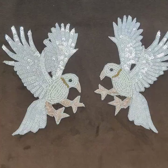 Handmade Indian Beaded White Bird Shoulder Applique Patch - Sewing Embellishment for Dresses, Cushions, Crafting, and Bags, 1 Piece