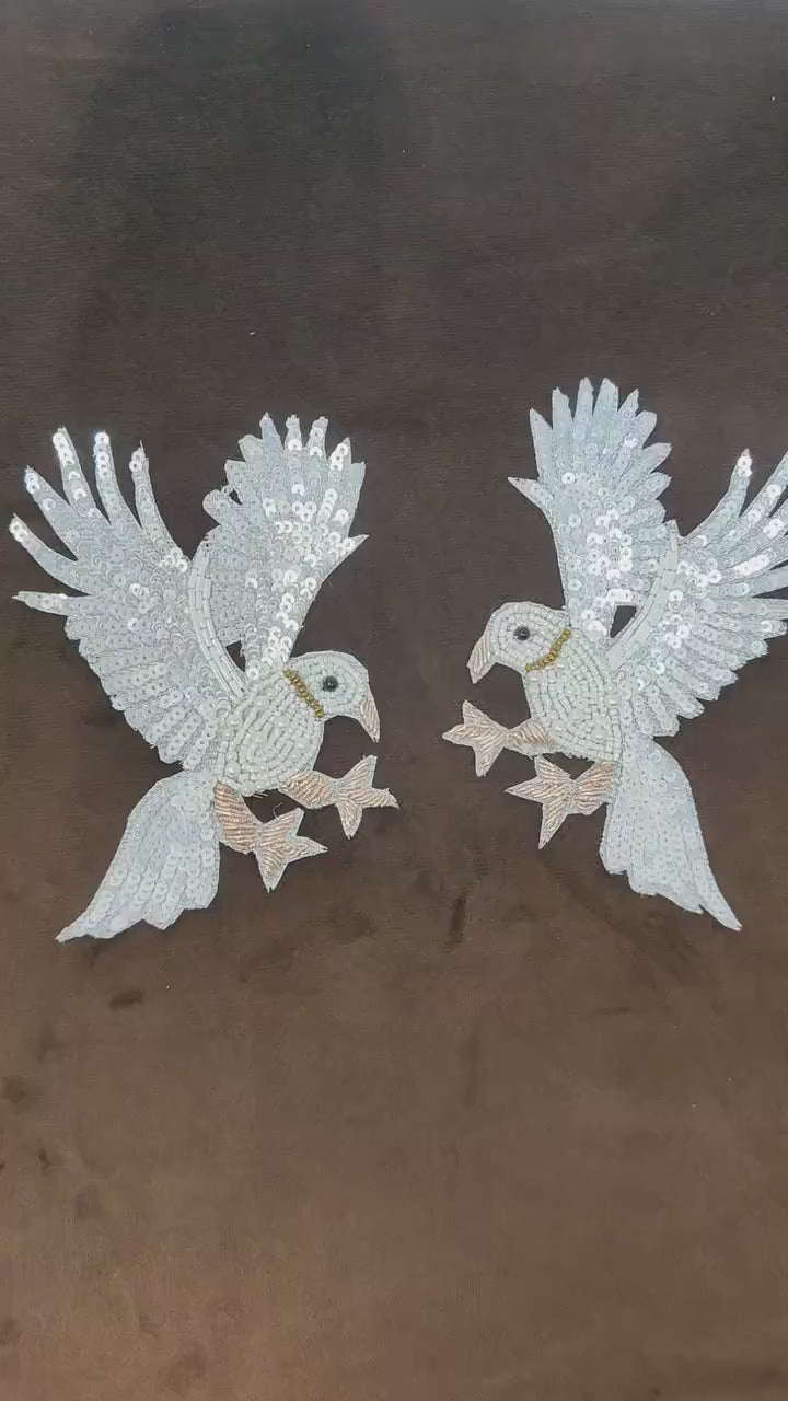 Handmade Indian Beaded White Bird Shoulder Applique Patch - Sewing Embellishment for Dresses, Cushions, Crafting, and Bags, 1 Piece
