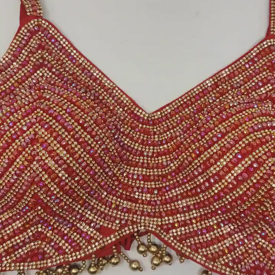 Indian designer Red crystal Beaded stitched blouse with adjustable Dori at back, Readymade Indian Bridal Saree women Blouse, latest design