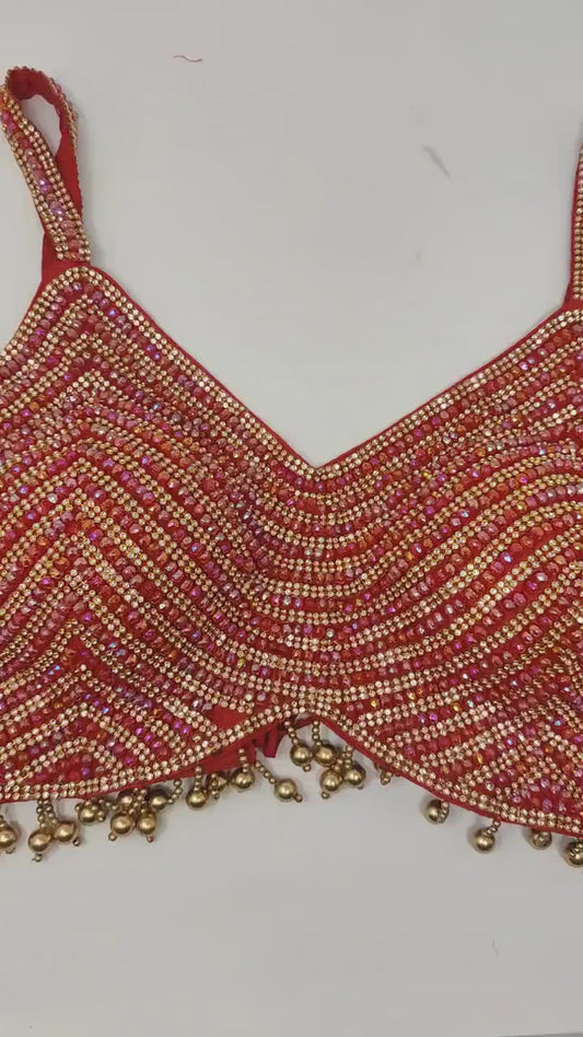 Indian designer Red crystal Beaded stitched blouse with adjustable Dori at back, Readymade Indian Bridal Saree women Blouse, latest design