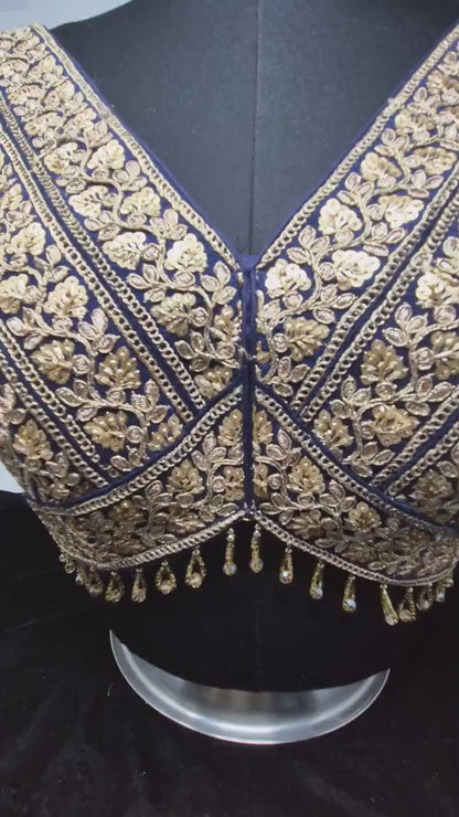 Indian designer Navy Blue color Sequin zari Embroidered stitched blouse Readymade Indian Bridal Saree Blouse, latest design blouse for women