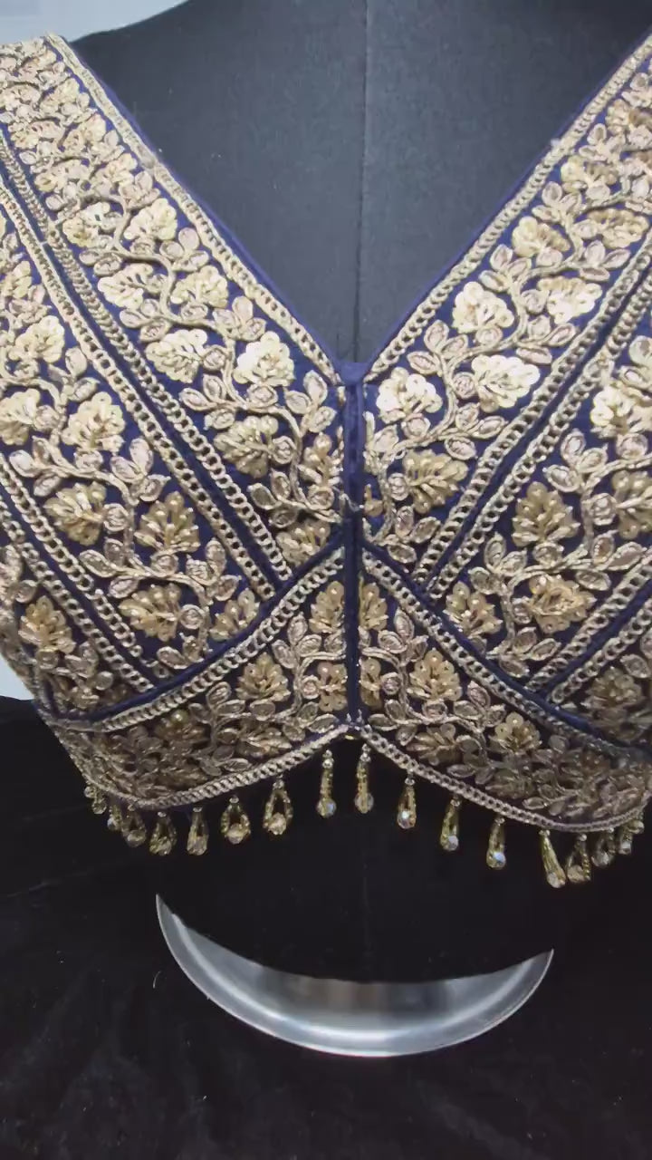 Indian designer Navy Blue color Sequin zari Embroidered stitched blouse Readymade Indian Bridal Saree Blouse, latest design blouse for women