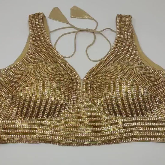 Indian designer heavy Beaded stitched blouse, Golden colour, Readymade Indian Bridal Saree Blouse, latest design blouse for women
