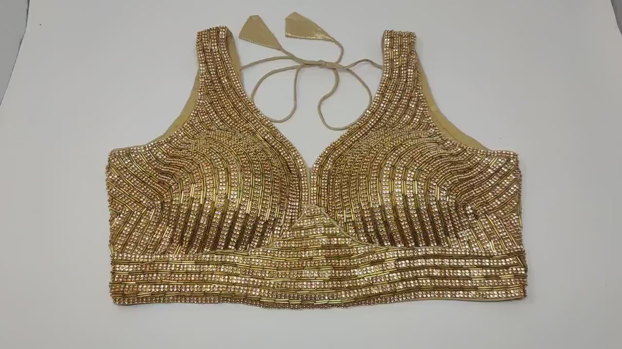 Indian designer heavy Beaded stitched blouse, Golden colour, Readymade Indian Bridal Saree Blouse, latest design blouse for women