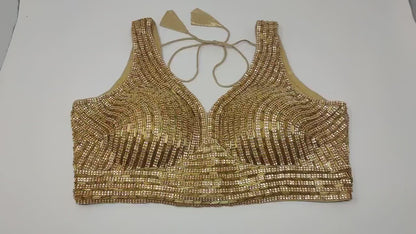 Indian designer heavy Beaded stitched blouse, Golden colour, Readymade Indian Bridal Saree Blouse, latest design blouse for women