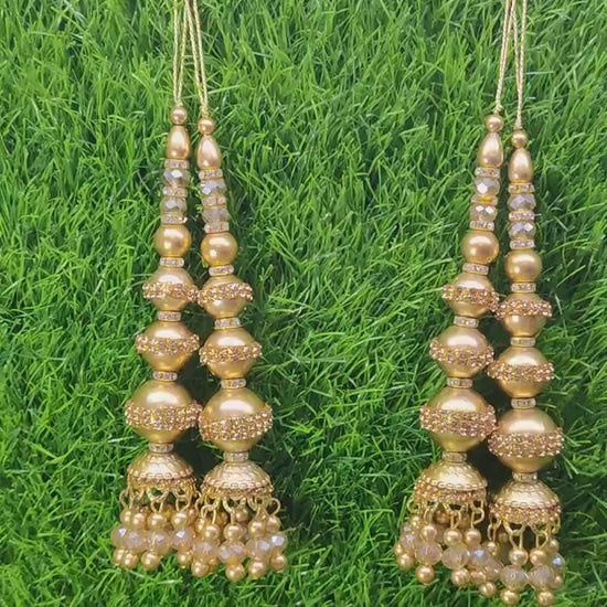 Gold Indian Beaded Tassel for Saree Blouse Lehenga Embellished HandBags Dupatta Decorative dress Latkan for Women 1 Pair