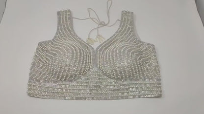 Indian designer heavy Beaded stitched blouse, Silver White colour, Readymade Indian Bridal Saree Blouse, latest design blouse for women