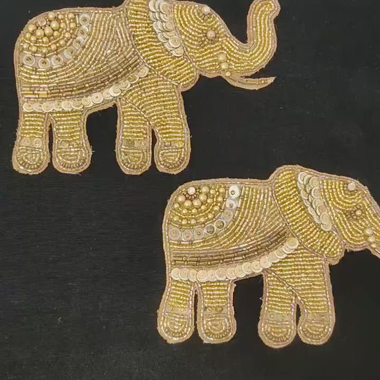 Handmade Indian Beaded Golden Elephant Shoulder Applique Patch - Sewing Embellishment for Dresses, Cushions, Crafting, and Bags, 1 Piece
