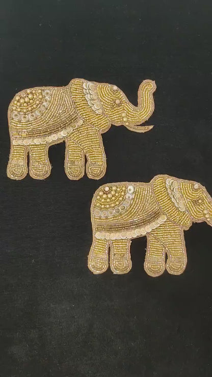 Handmade Indian Beaded Golden Elephant Shoulder Applique Patch - Sewing Embellishment for Dresses, Cushions, Crafting, and Bags, 1 Piece