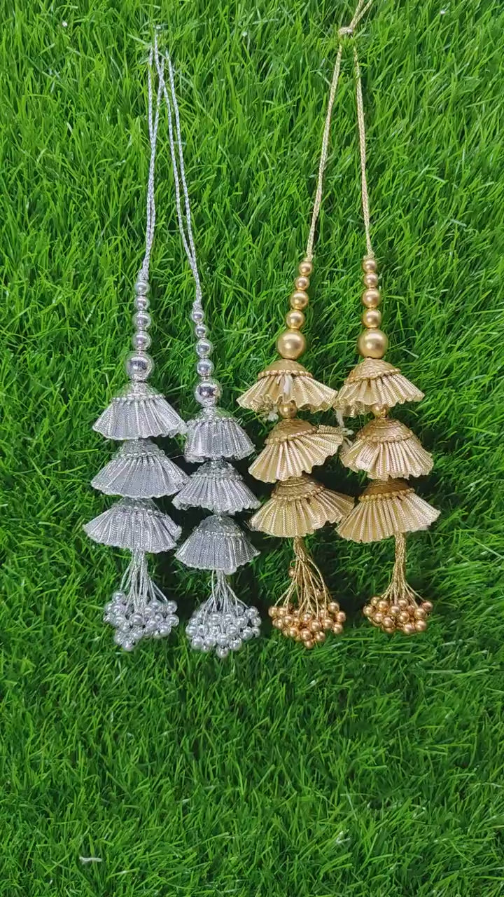 Silver/ Gold Indian Beaded Tassel for Saree Blouse Lehenga Embellished HandBags Dupatta Decorative dress Latkan for Women 1 Pair
