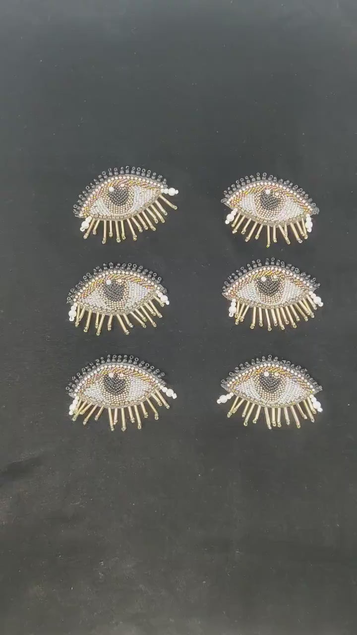 Handmade Indian Beaded Black Eye Shoulder Applique Patch Sewing Embellishment for Dresses, Cushions, Crafting, and Bags, 1 Pair